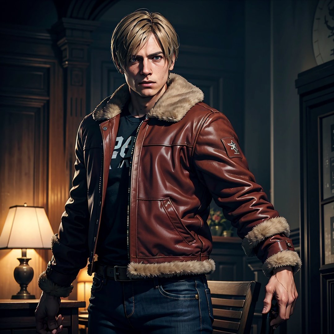 1boy, cowboy shot of re4leon, wearing fur-trimmed jacket, long sleeves, black jeans, volumetric lighting, athletic, best quality, masterpiece, intricate details, tonemapping, sharp focus, hyper detailed, trending on Artstation, looking at viewer, realistic,
