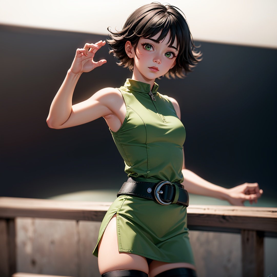 emangaz, shippuden, (Buttercup:1.0), (black hair, green eyes, short hair, messy hair:1.2), (dress, light-green sleeveless dress, simple black belt, white thighhighs:1.5), (white background:1.5), (realistic:1.2), (masterpiece:1.2), (full-body-shot:1),(Cowboy-shot:1.2), neon lighting, dark romantic lighting, (highly detailed:1.2),(detailed face:1.2), (gradients), colorful, detailed eyes, (detailed landscape:1.2), (natural lighting:1.2), (cute pose:1.2), (solo, one person, 1girl:1.5), standing, (buttercup)