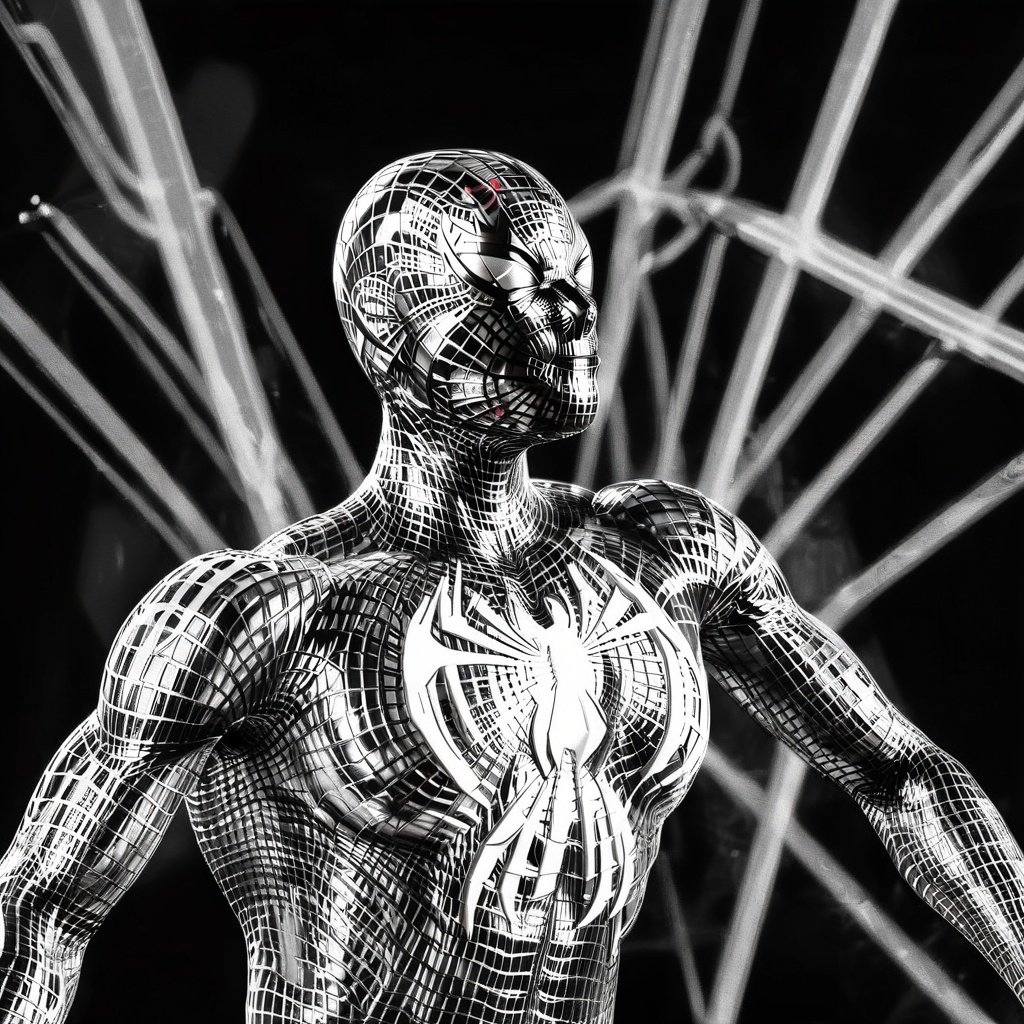 masterpiece, best quality, ultra high res, extremely detailed, bio mechanical spiderman made of lines,  colorless, no skin, unreal graphics, visually stunning, beautiful, <lora:geometrystyle:1>