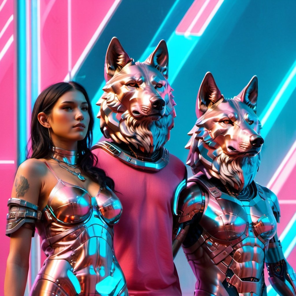 (best quality) , (masterpiece), an illustration of a couple and two wolves, in the style of futuristic cyberpunk, baroque-inspired sculptures, peter mohrbacher, close up, android jones, pink and azure, <lora:geometrystyle:0.8>  
