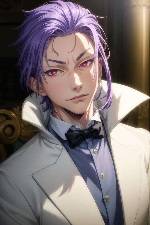 masterpiece, best quality, game cg, 1boy, solo, male focus, looking at viewer, , depth of field, <lora:clayman_tensei_shitara:0.70>, clayman_tensei_shitara, red eyes, purple hair, japanese costume, world war 2, Blu-ray