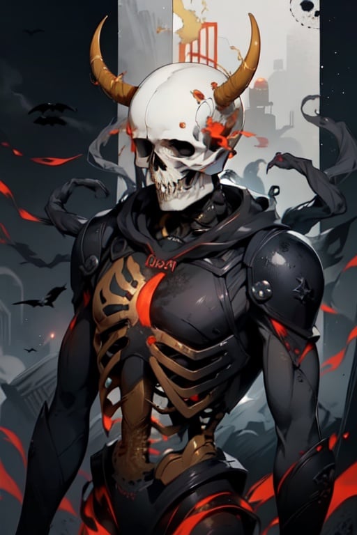deformed_skeleton, 4_arms, rotten_skin, horns, multiple_eyes, decayed_armor, absurd_design, melting_skin