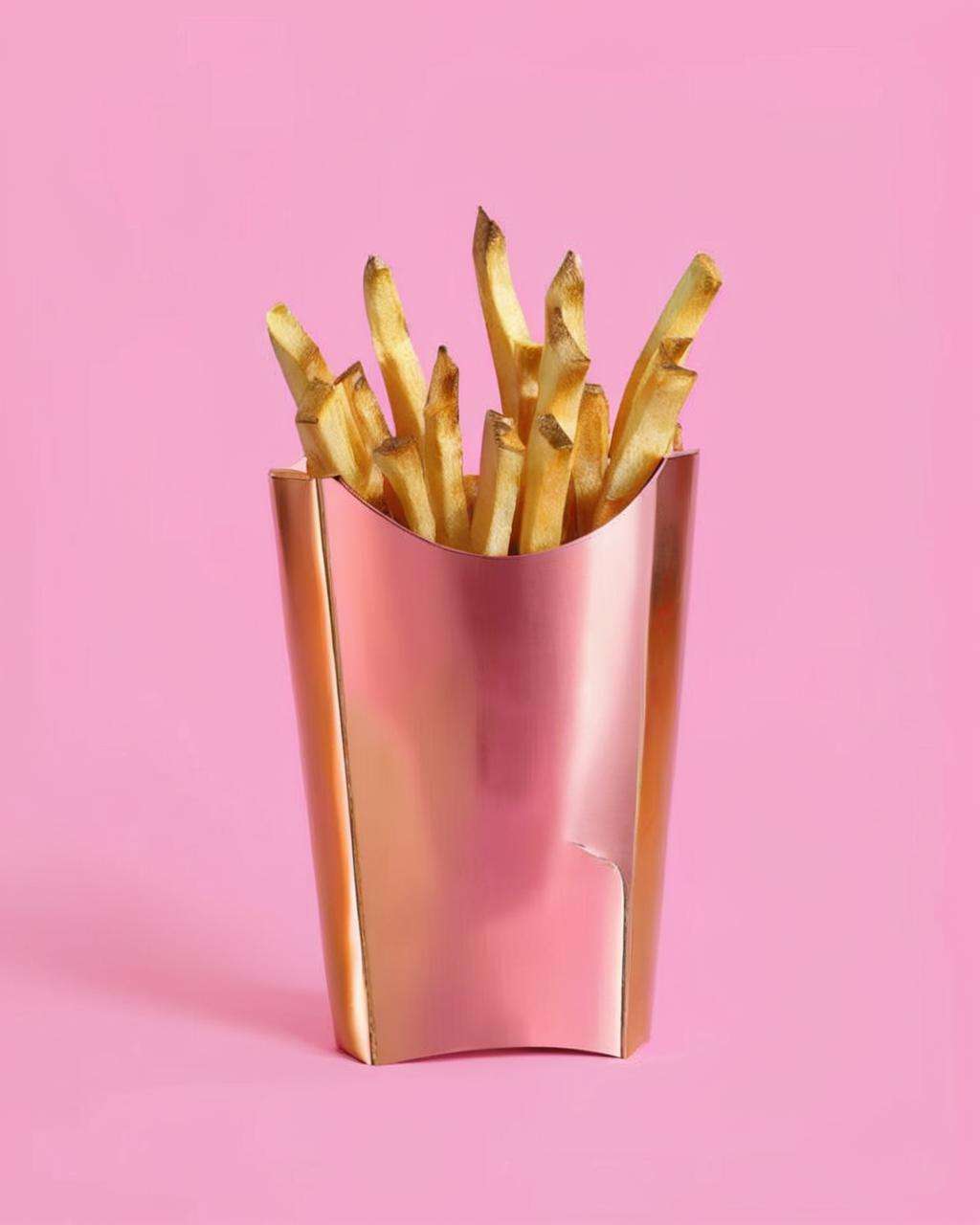 fast food's french fries shaped :1.3,  gold colored metal objects in it on a pink background with a pink background behind it, Carol Bove, aesthetic, a surrealist sculpture, aestheticism<lora:Chroma_Essence:1.0>