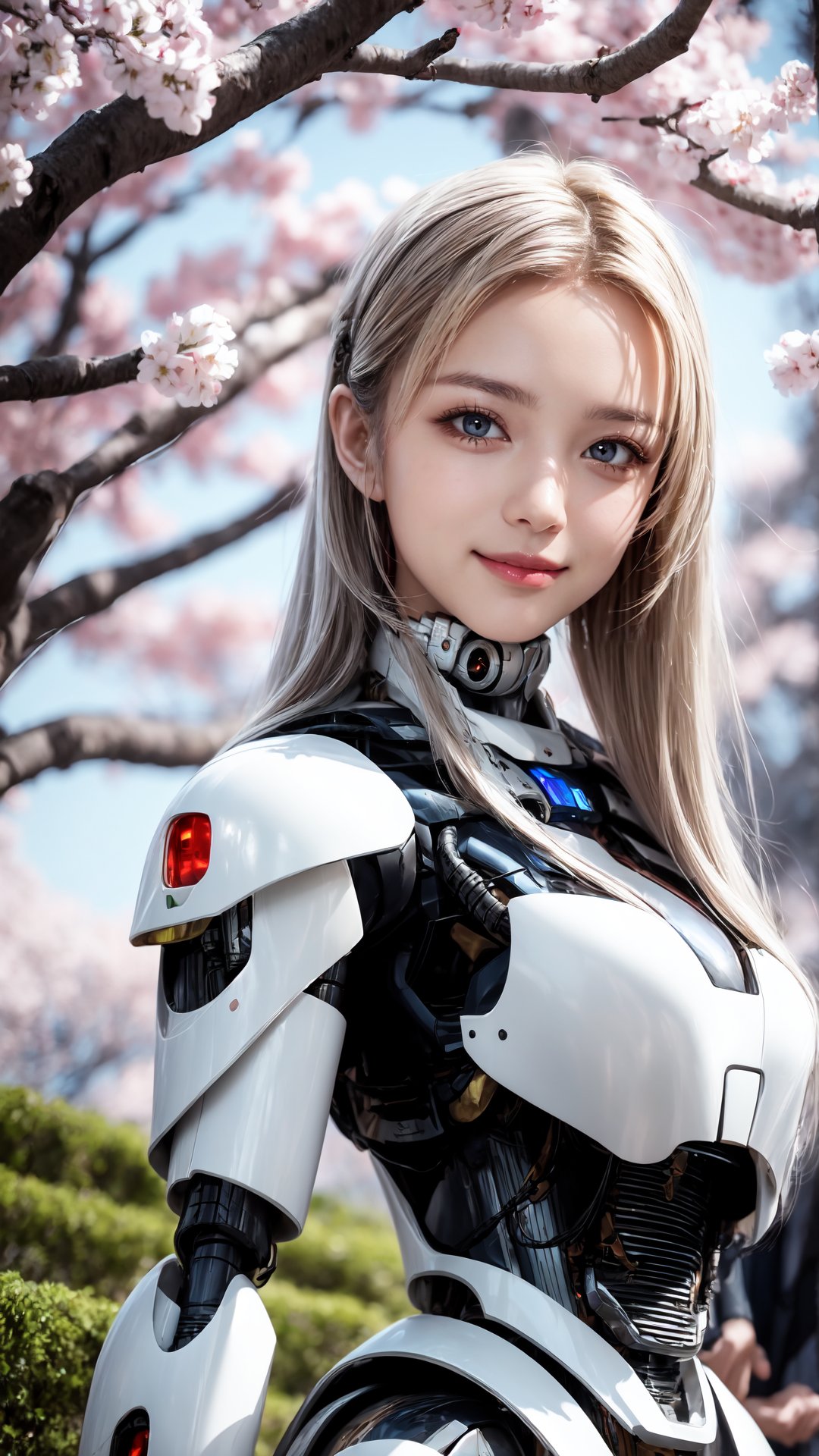 masterpiece, best quality, 1girl, yellow eyes, Beautiful face, delicate eyes, smile, long hair, white hair, tree, stairs, standing, sky, cherry blossoms, temple, looking at viewer, upper body, from below, looking back, ((Mecha)), young girl, Cyberpunk, CyberMechaGirl