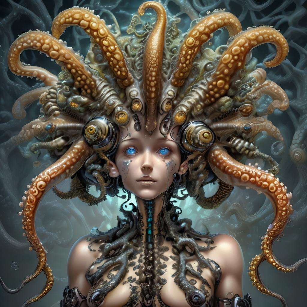 DonML1quidG0ldXL female Tiny Camouflaged Cyborg Amorphous Cephalopod,  Digitigrade Appendages, nine-Tailed Bushy-Tailed, Bark-like Skin, Tufted Ears,  Long Horns Tentacled Mouth Checkerboard Pattern <lora:DonML1quidG0ldXL-000007:0.8>