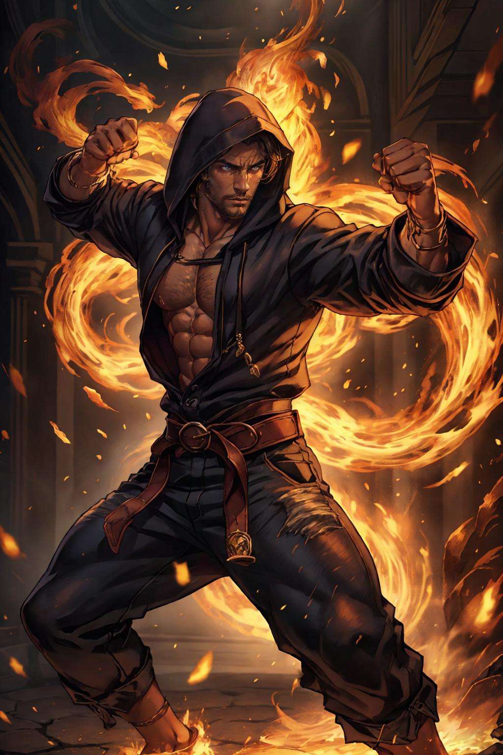 realistic, ((masterpiece)), ((best quality)), (detailed), cinematic, dynamic lighting, soft shadow, detailed background, professional photography, depth of field, intricate, detailed face, subsurface scattering, realistic hair, realistic eyes, muscular, manly, photo of a handsome man, pyromancer, dynamic pose, fighting stance, fire, casual clothes, hoodie, pants, (20 years old),