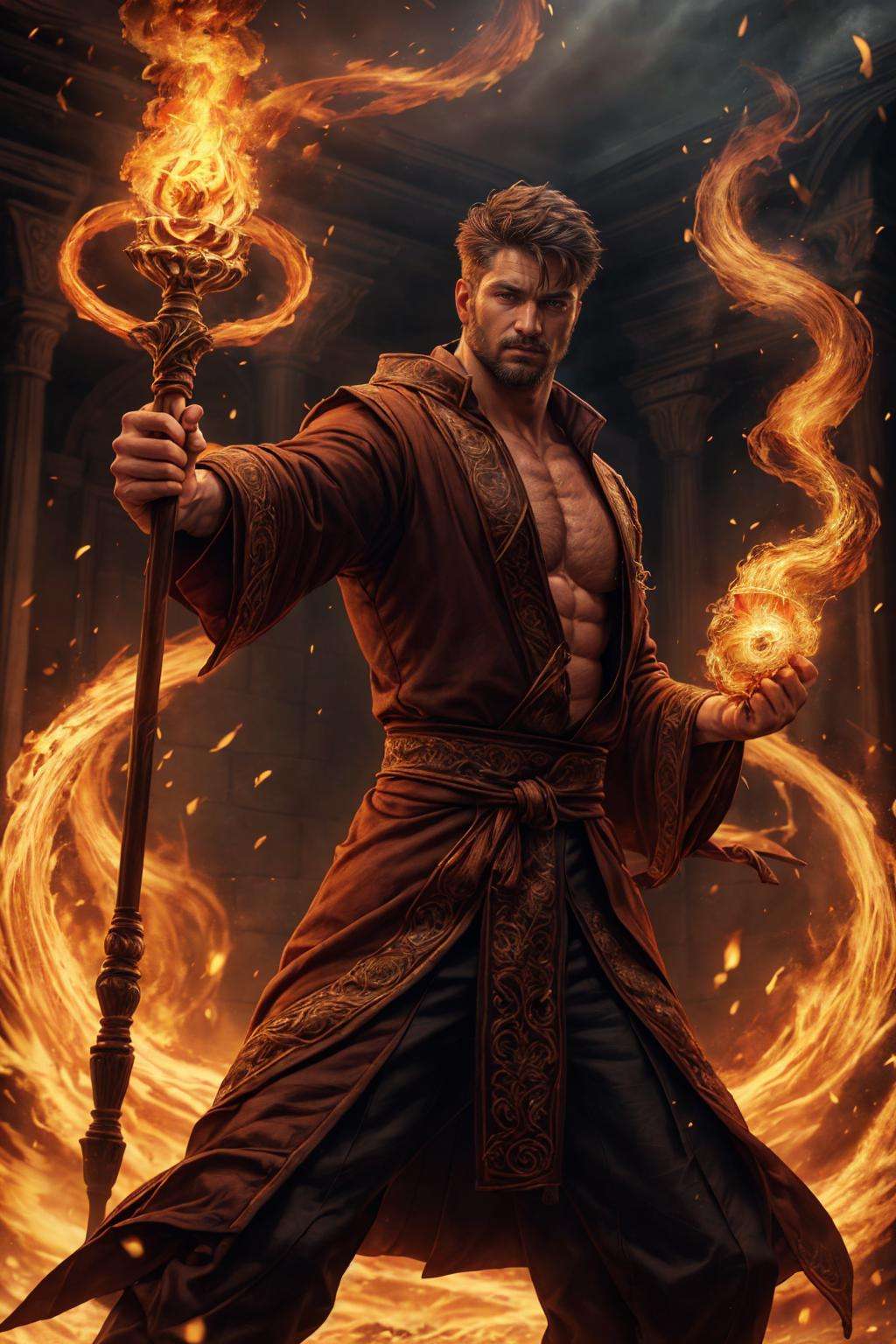 realistic, ((masterpiece)), ((best quality)), (detailed), cinematic, dynamic lighting, soft shadow, detailed background, professional photography, depth of field, intricate, detailed face, subsurface scattering, realistic hair, realistic eyes, muscular, manly, photo of a handsome man, pyromancer, dynamic pose, fighting stance, fire, wizard robe, wizard hat, (40 years old), beard, holding staff,