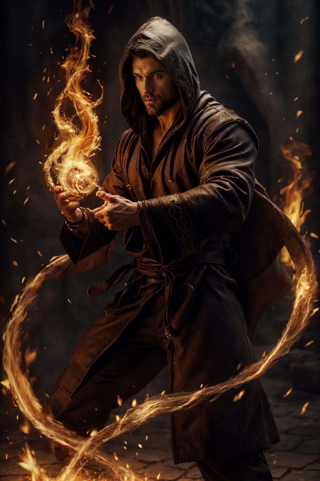 realistic, ((masterpiece)), ((best quality)), (detailed), cinematic, dynamic lighting, soft shadow, detailed background, professional photography, depth of field, intricate, detailed face, subsurface scattering, realistic hair, realistic eyes, muscular, manly, photo of a handsome man, pyromancer, dynamic pose, fighting stance, fire, wizard robe, hood, (40 years old), beard, cowboy shot,