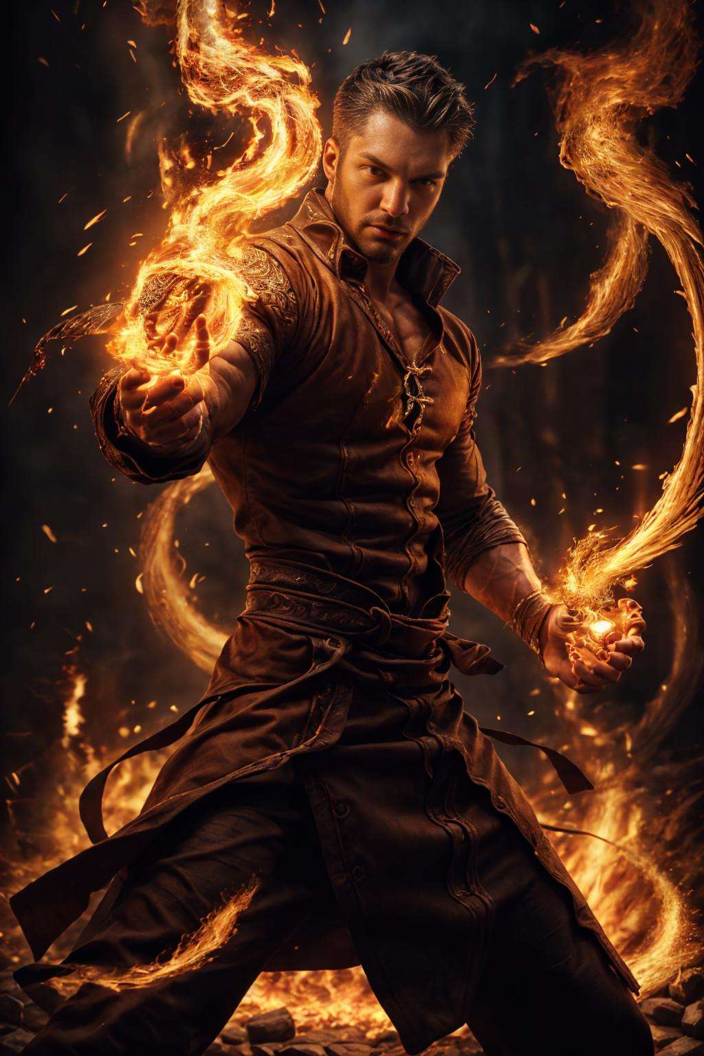 realistic, ((masterpiece)), ((best quality)), (detailed), cinematic, dynamic lighting, soft shadow, detailed background, professional photography, depth of field, intricate, detailed face, subsurface scattering, realistic hair, realistic eyes, muscular, manly, photo of a handsome man, pyromancer, dynamic pose, fighting stance, casting spell, swirling fire around man,