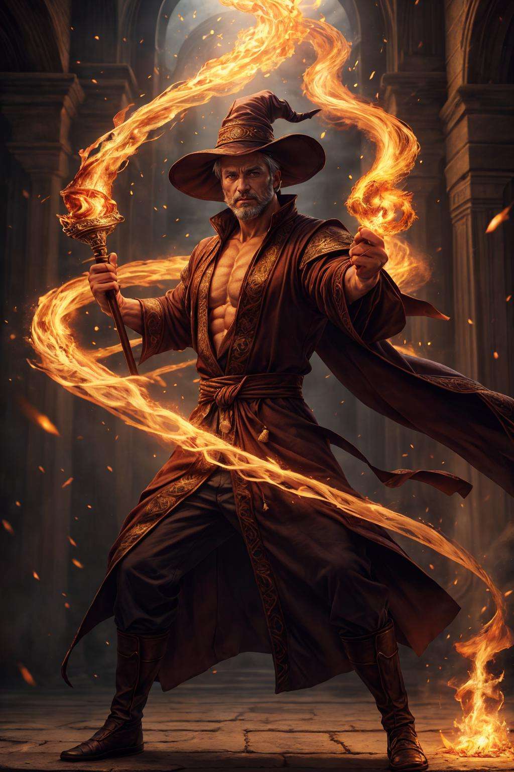 realistic, ((masterpiece)), ((best quality)), (detailed), cinematic, dynamic lighting, soft shadow, detailed background, professional photography, depth of field, intricate, detailed face, subsurface scattering, realistic hair, realistic eyes, muscular, manly, photo of a handsome man, pyromancer, dynamic pose, fighting stance, fire, wizard robe, wizard hat, (50 years old), beard, holding staff, white hair,