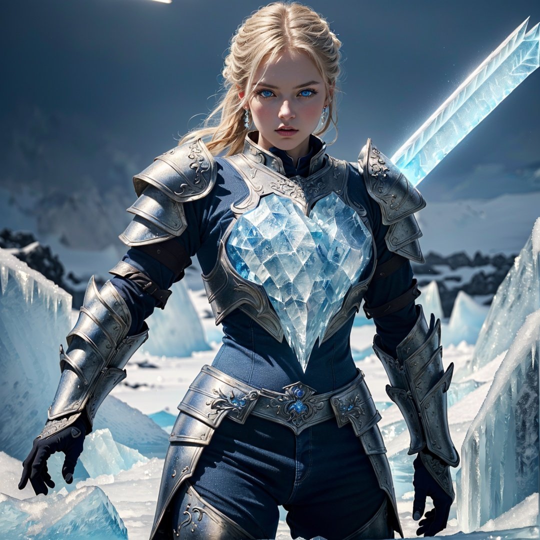 (Masterpiece:1.3), Highres, best quality, (extremely detailed, area lighting in background, HD, 8k, extremely intricate:1.3), (cowboy shot), Painting, 1 girl, ice dragon, blue eyes, (((ice forming on the body to form armor:1.2))),(Ice armour:1.5),ice, (ice sword:1.2),GlowingRunes_blue, runes on stomach (ice dragon in the background)