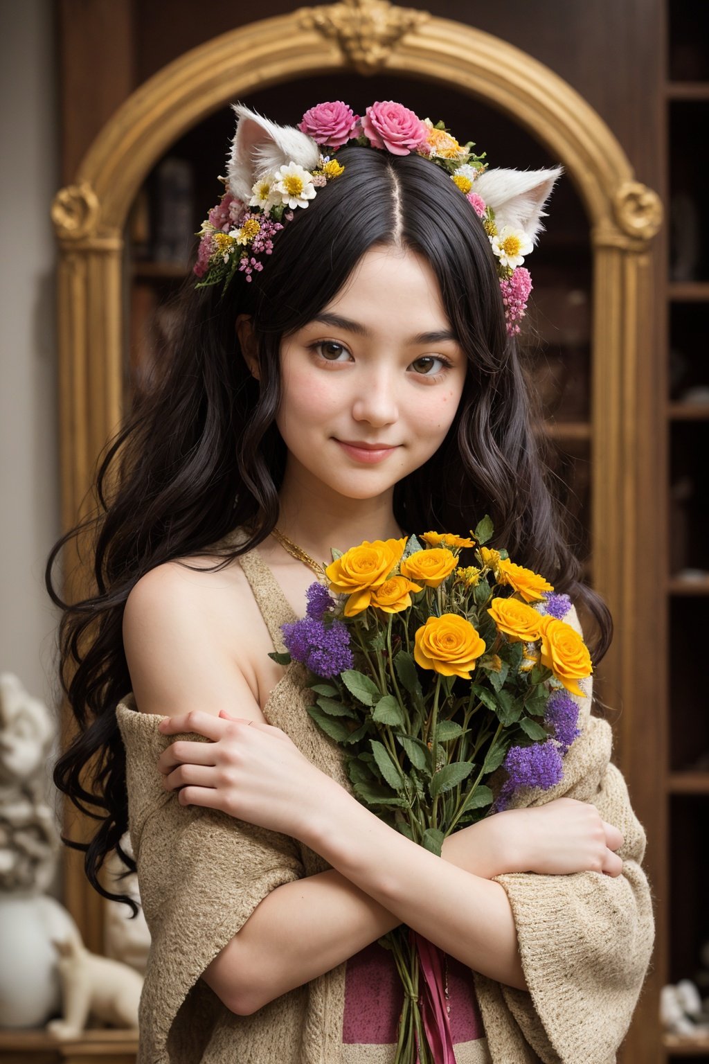 xxmixgirl,strange figurine creature made of hauyne,Xxmix_Catecat,dfdd,happy_face,long curly hair, flowers, warm colors, holding flowers in arms