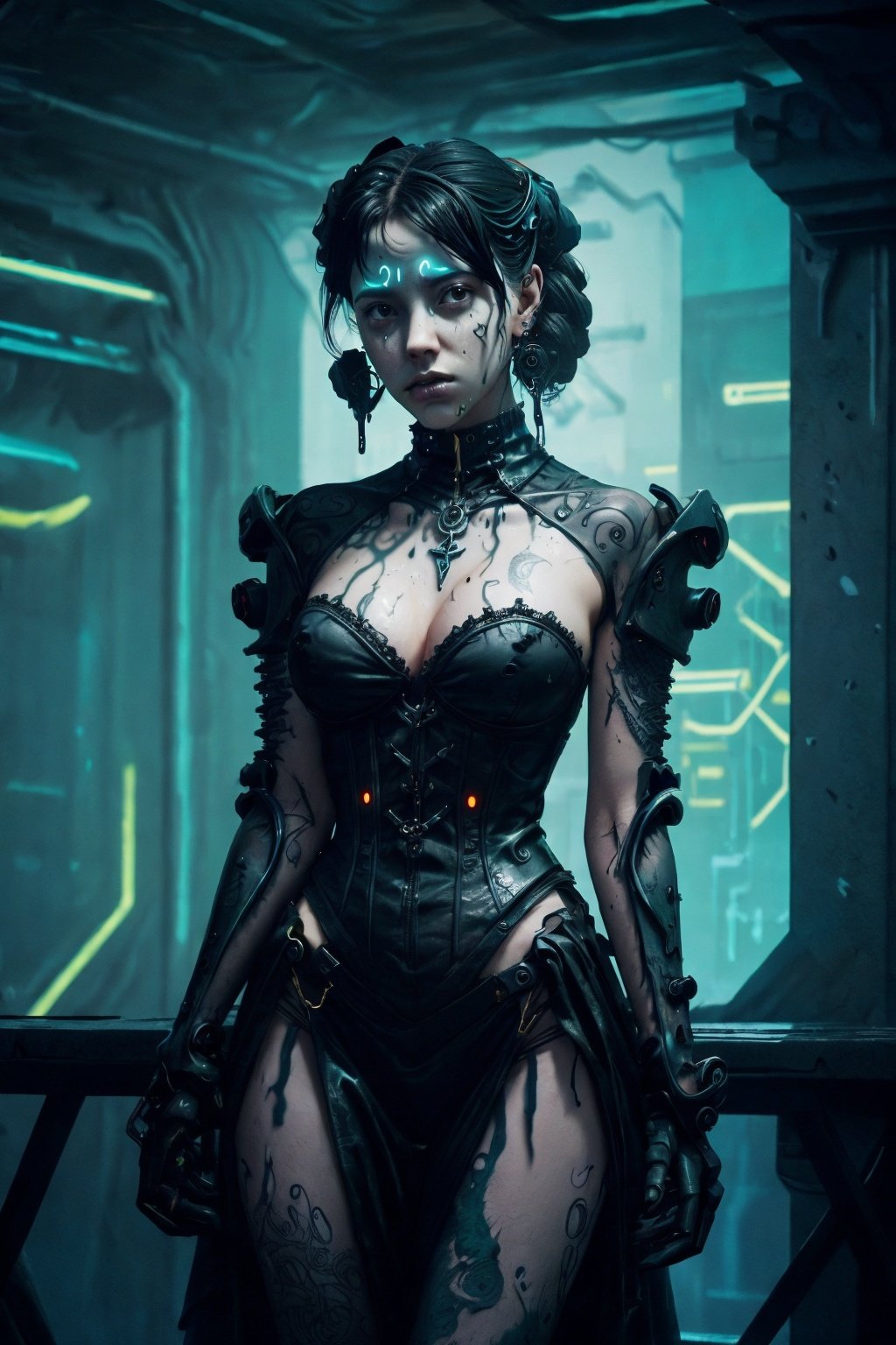 Grey background of splash art, centralized, colorful, cyberpunk style, 1girl, solo, looking at viewer, black_victorian_clothes, gothica:0.3, mechanical arms, earrings, blurry background, cyberpunk, black roses tricklets, cowboy shot , ink splash, Leonardo Style,dripping paint,midjourney,midjourney,GlowingRunes_