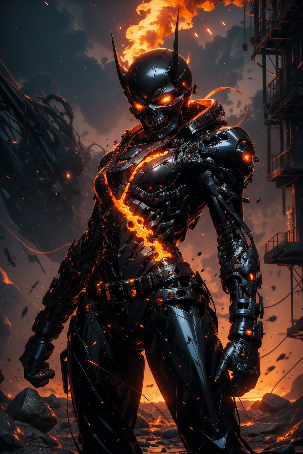 one woman, ((evil skull head with sharp teeth)), fire-around, rocks, ruins, red-eyes, eyes-glowing, top hat, rain-fire, fire around her, epic anime art, thin waist, beautiful figure, wide hips, sexy, teen, belts, holster, crop top, (best quality, ultra quality), detailed face, detailed eyes, cute eyes, perfect lighting, HD, 8k, glossy skin, masterpiece, digital art, intricate details, highly detailed, volumetric lighting, background detiled, ue5, unreal engine 5, artstation, trending on artstation, post processing, line art, tiny details, colorful detailed illustration, outer_space 1960s, cinematic, multiple light sources, sunset,r1ge,Mecha warrior