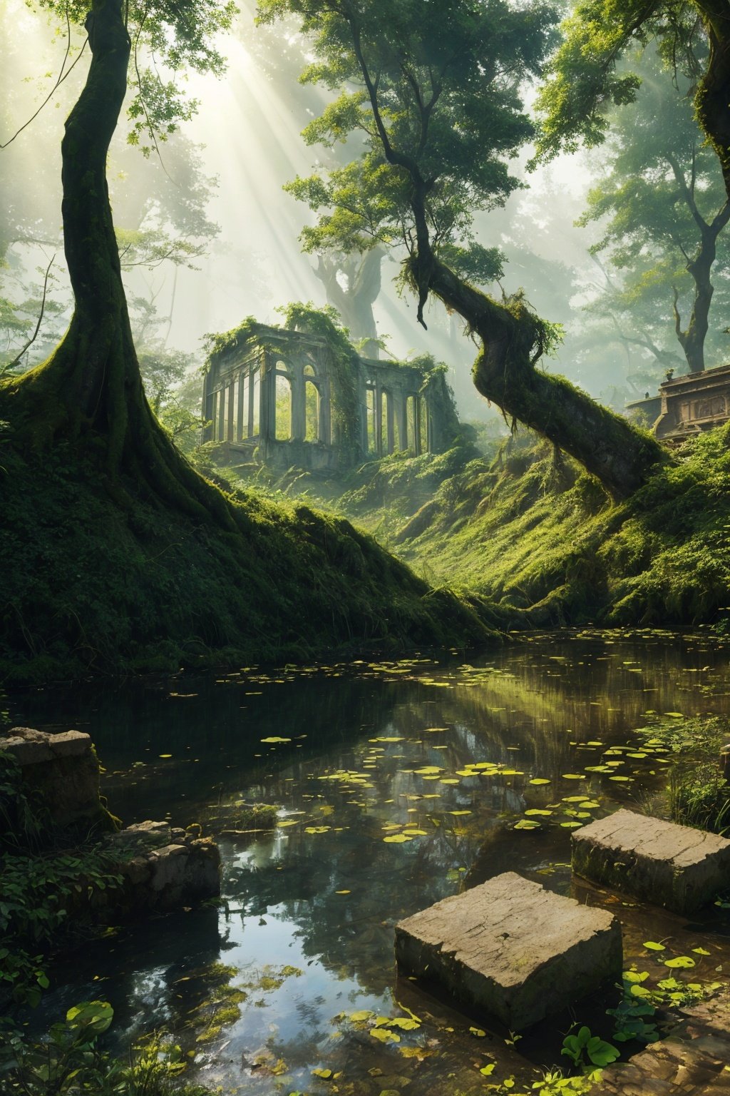 (masterpiece:1.2), best quality,Nayuta LostRuins, scenery, nature, ruins, forest, water, tree, outdoors, overgrown, plant, sunlight