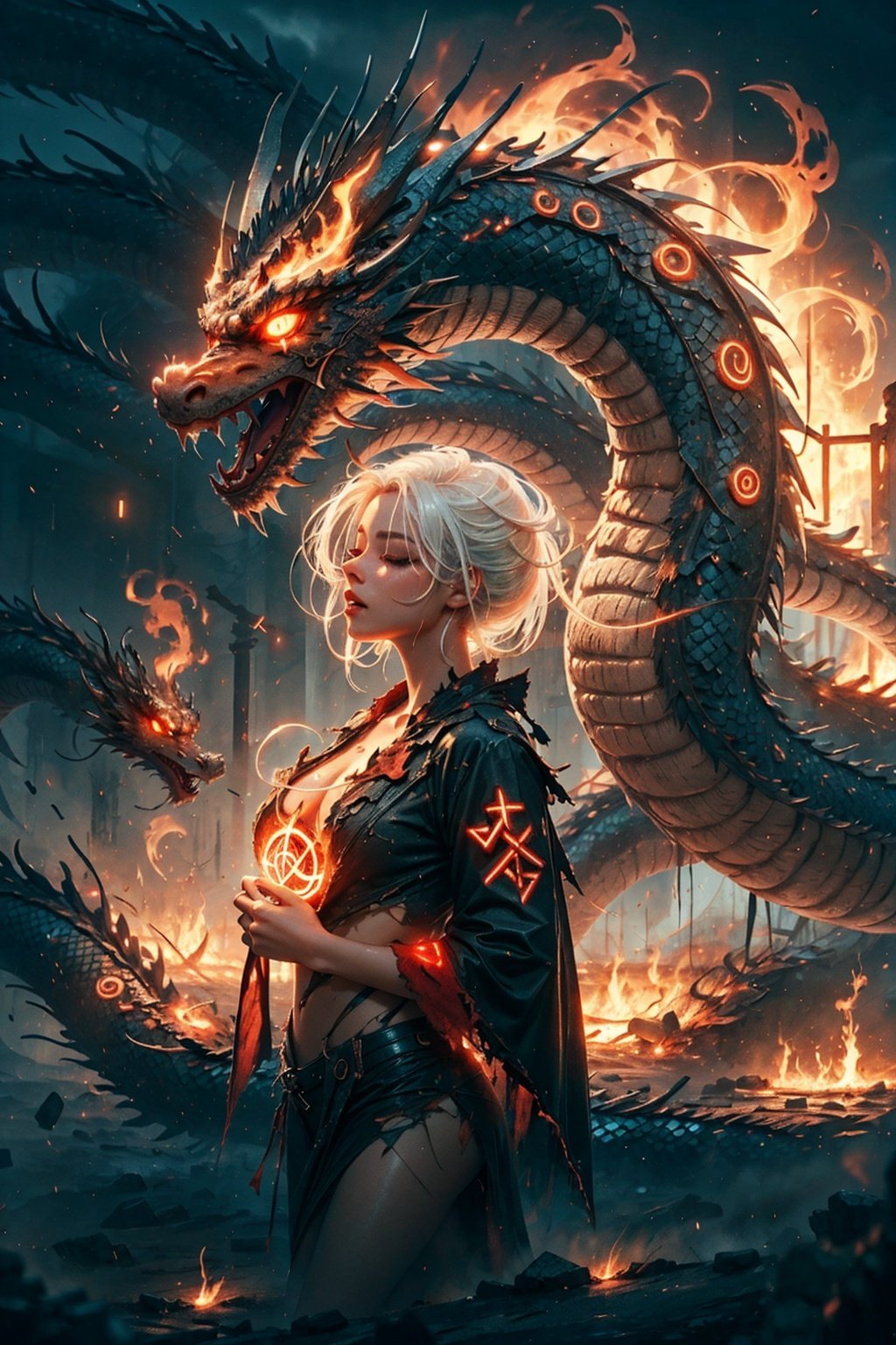 best quality, extremely detailed, area lighting in background, HD, 8k, extremely intricate:1.3), realistic, ((2girls)), (( white hair glowing)), (( red hair glowing)), ((huging and kissing)), ((closed eyes)), glowing ruin on chests, ancient temple ruins and a ((fire dragon)) in the background, night light, atmosphere mystery ,Circle,GlowingRunes_,magical circle, nude, ((ripped clothes)), close face view, 6000, japanese_clothes ,long, 