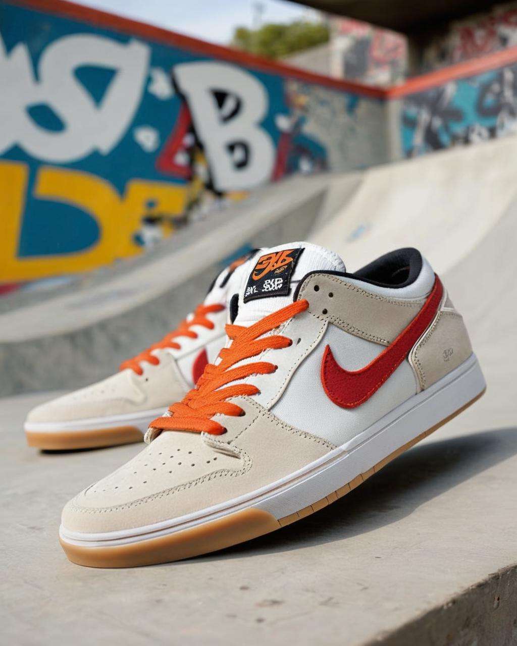 Nike SB skateboarding shoes, urban attitude:0.7, photographed in a skate park environment, showcasing their durable construction and grip, capturing the rebellious spirit of skate culture, action shot:0.9.<lora:shoes:1.0>