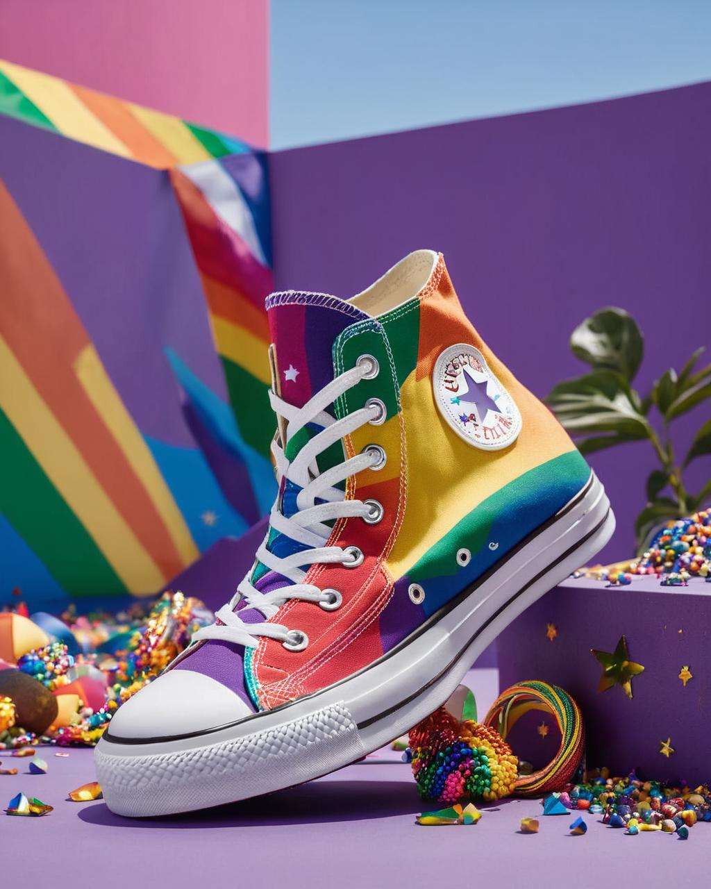 Converse Chuck Taylor pride collection, inclusive statement:0.6, photographed with vibrant colors and pride-themed accessories, highlighting their role in celebrating diversity and promoting equality, lifestyle shot:0.8.<lora:shoes:1.0>