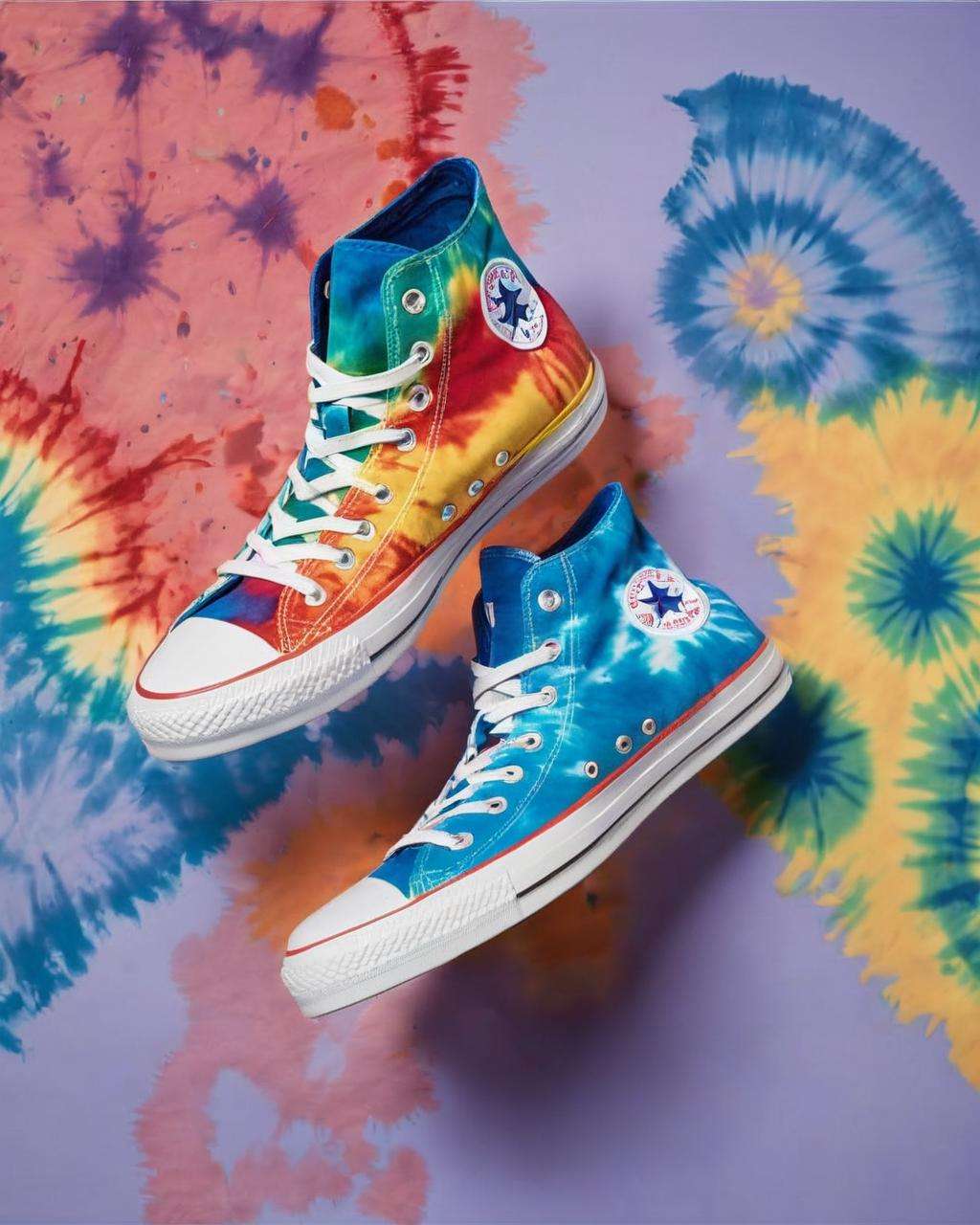 Converse Chuck Taylor tie-dye sneakers, artistic expression:0.6, photographed in a creative, colorful setup, highlighting their unique patterns and vibrant tones, reflecting the wearer's individuality and style, lifestyle shot:0.8.<lora:shoes:1.0>