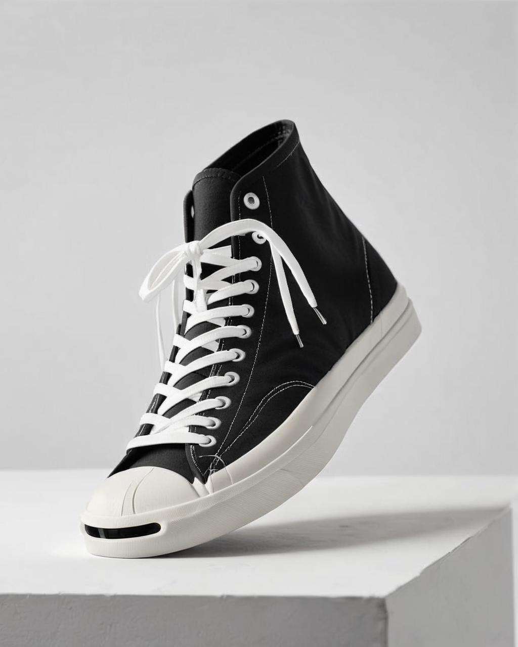 Converse Jack Purcell sneakers, understated sophistication:0.6, photographed in a black and white portrait style, highlighting their rubber toe cap and subtle branding, capturing their effortless elegance, lifestyle shot:0.8.<lora:shoes:1.0>