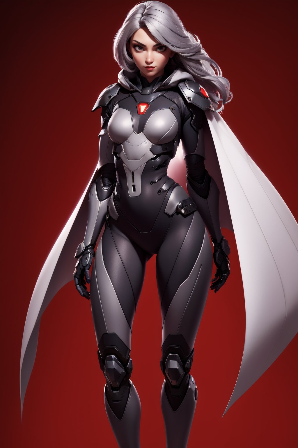 absurdres, 1girl BREAK android, (grey cybersuit), (black upper armor), mechanical arms, machinery, prosthesis, solo, silver hair, long hair, cloak BREAK looking at viewer, hand on hip, contrapposto, (red background:1.2),<lora:EMS-98269-EMS:0.500000>