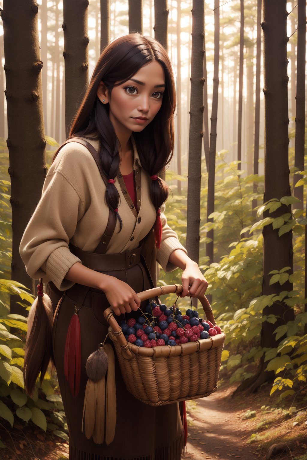 an american indian womandressed in deer skinspicks berries in the forest