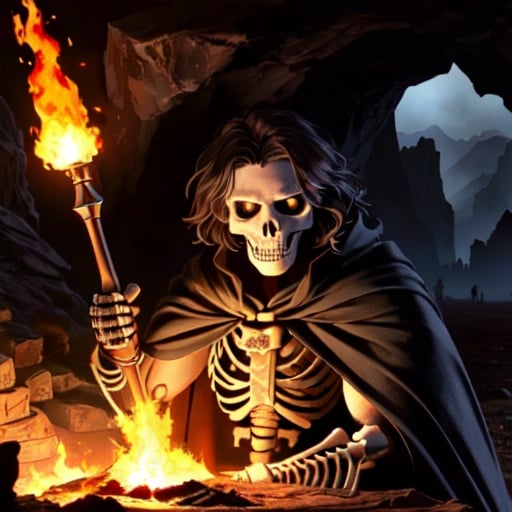 (best quality: 1.2), (masterpiece: 1.2), (realistic: 1.2), a portrait of a (skeleton: 1.3) holding a flaming spear, (old and ragged cape: 1.2), (dark cave in the background), detailed middle-earth setting, on eye level, mimicking ruined materials, extremely detailed, on eye level, scenic, masterpiece