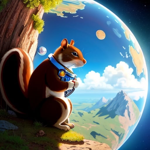 (best quality: 1.2), (masterpiece: 1.2), (realistic: 1.2), whimsical scene featuring a squirrel astronaut floating in space, with Earth in the background, on eye level, scenic, masterpiece