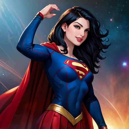 (best quality: 1.2), (masterpiece: 1.2), (realistic: 1.2), (inked: 1.3), best quality, beautiful woman as supergirl, she has (wavy black hair: 1.7), superhero, blue bodysuit, red short skirt, red cape, grin, in space, earth background, sharp focus, 8k, centered, medium shot, masterpiece