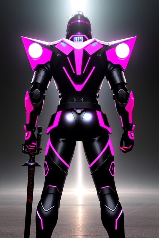 (best quality: 1.2), (masterpiece: 1.2), (realistic: 1.2), (detailed), A Hi-Tech cyberpunk style white black pink skull suit, custom design, shining body, glowing look, full shining suit, hues, steampunk style, mecha, perfect custom Hi-Tech suit, holding sword, weapon master, Hi-Tech belt, muscular body suit, looking back, (masterpiece: 1.2), absurdres, HDR