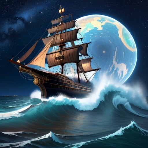 (best quality: 1.2), (masterpiece: 1.2), (realistic: 1.2), a steampunk ship on high sea, huge waves, starry night, on eye level, scenic, masterpiece