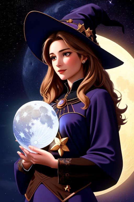 (best quality: 1.2), (masterpiece: 1.2), (realistic: 1.2), (detailed), a beautiful woman as a witch, with mystical how in her arms, moon and stars, (masterpiece: 1.2), absurdres, HDR