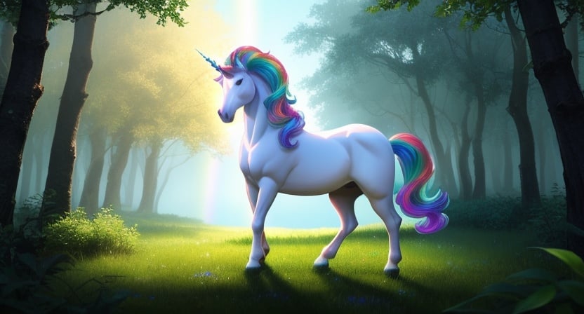 (best quality: 1.2), (masterpiece: 1.2), (realistic: 1.2), (detailed), (bioluminiscent white unicorn, rainbow colored mane: 1.2), standing in a forest, (masterpiece: 1.2), absurdres, HDR