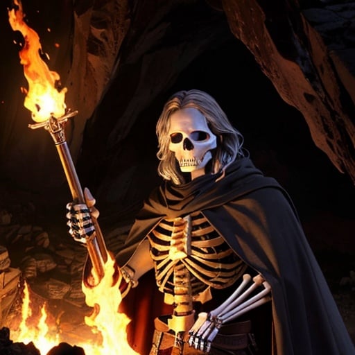 (best quality: 1.2), (masterpiece: 1.2), (realistic: 1.2), a portrait of a (skeleton: 1.3) holding a flaming spear, (old and ragged cape: 1.2), (dark cave in the background), detailed middle-earth setting, on eye level, mimicking ruined materials, extremely detailed, on eye level, scenic, masterpiece