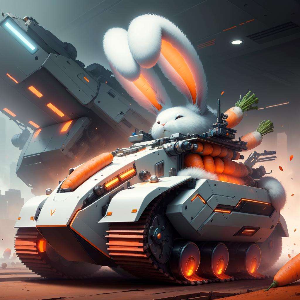 <lora:BunnyTech-20:0.8>,bunnytech ,   fluffy ,  carrots, scifi, (tank:0.6), 