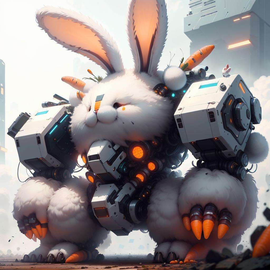 <lora:BunnyTech-20:1.1>,bunnytech ,   fluffy ,  carrots, scifi, battle mech ,  destruction,  