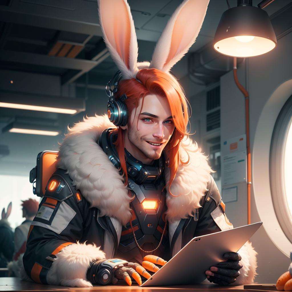 <lora:BunnyTech-20:0.8>,bunnytech ,   fluffy ,  carrots,  scifi, scholar , scroll, 1boy,long hair, red hair, glowing eyes, smile ,closed mouth,manly, 