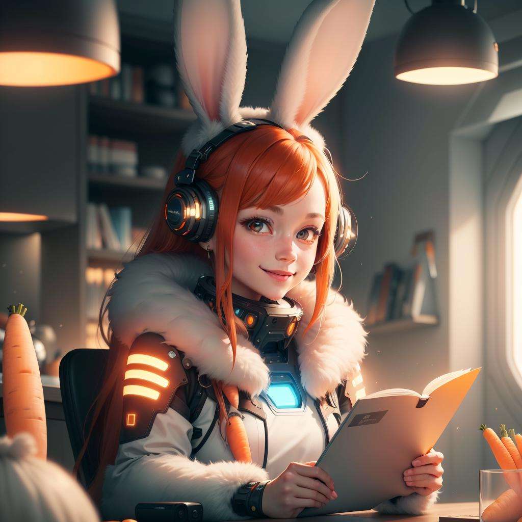 <lora:BunnyTech-20:0.8>,bunnytech ,   fluffy ,  carrots,  scifi, scholar , scroll, 1girl,long hair, red hair, glowing eyes, smile ,closed mouth, 