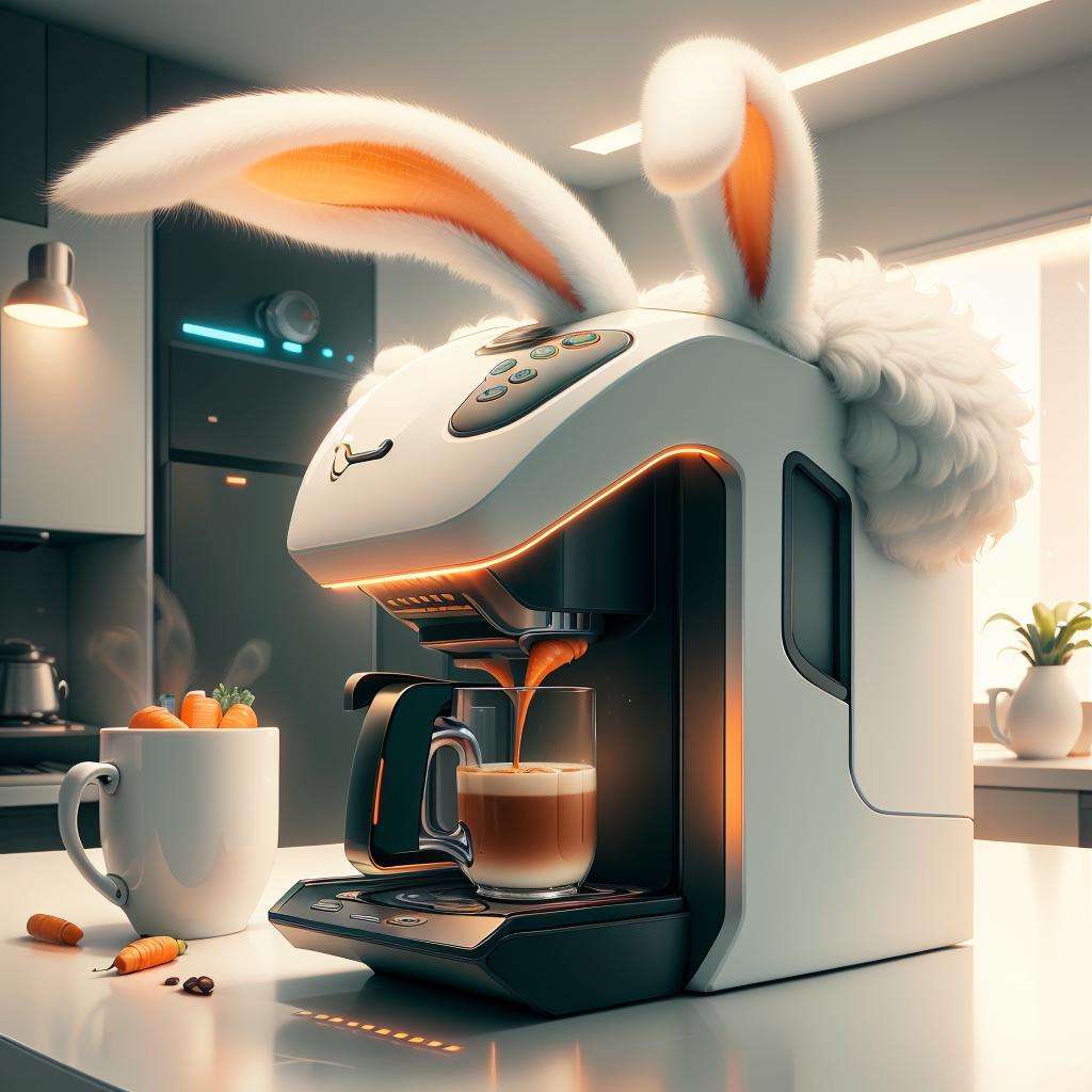 <lora:BunnyTech-20:1>,bunnytech ,   fluffy ,  carrots, scifi,coffee machine , mug, 