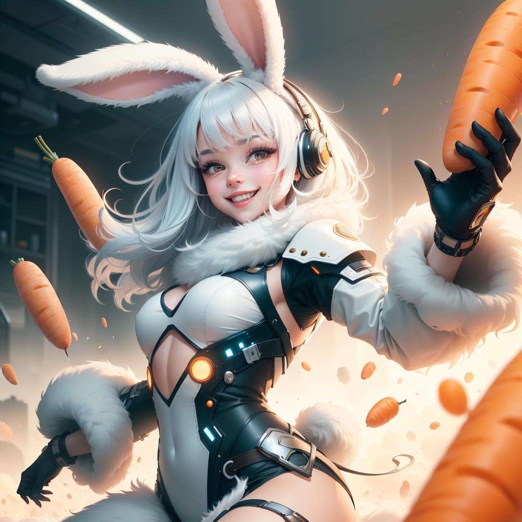<lora:BunnyTech-20:0.8>,bunnytech ,   fluffy ,  1girl, white hair, carrots,  solo, smiling, looking at viewer, cowboy shot, cinematic composition, dynamic pose, jumping, 