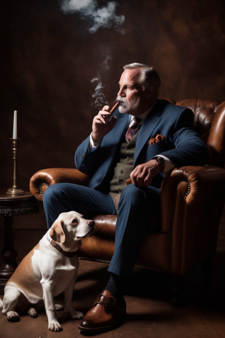 powerful man sitting on leather chair smoking cigar with wine glass in hand, hunting dog beside chair,