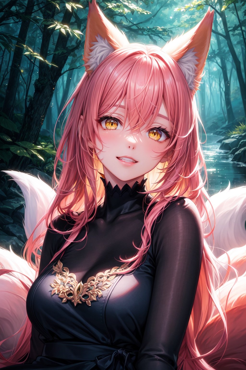 masterpiece, concept art, illustration, ah3, (mature female), perfect face, teeth smile, hands above head, sits on a rock, detailed eyes, detailed face, beautiful skin, ((yellow eyes)), ((expressive eyes)), animal ears, multiple tails, fox tail, pink hair, silk dress, dimly lit, dark lighting, pixiv, ((night)), water background, forest,