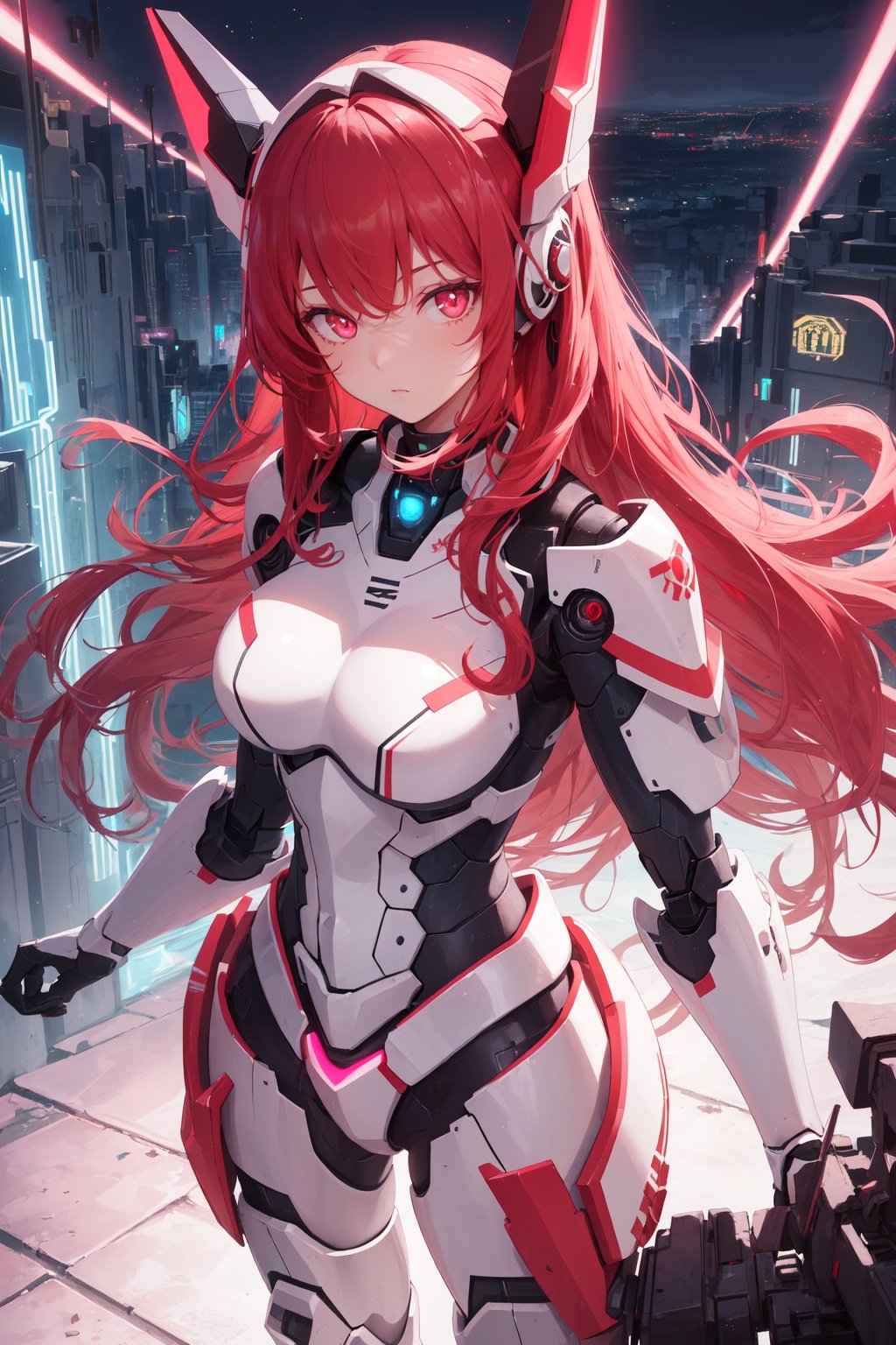1girl,solo,masterpiece,incredibly absurdres,glowing eyes,long hair,mecha headgear, best quality, white red mecha armor,red hair,pink eyes,looking at viewer, center, standing, night sky,(colorfull neon city),from above

