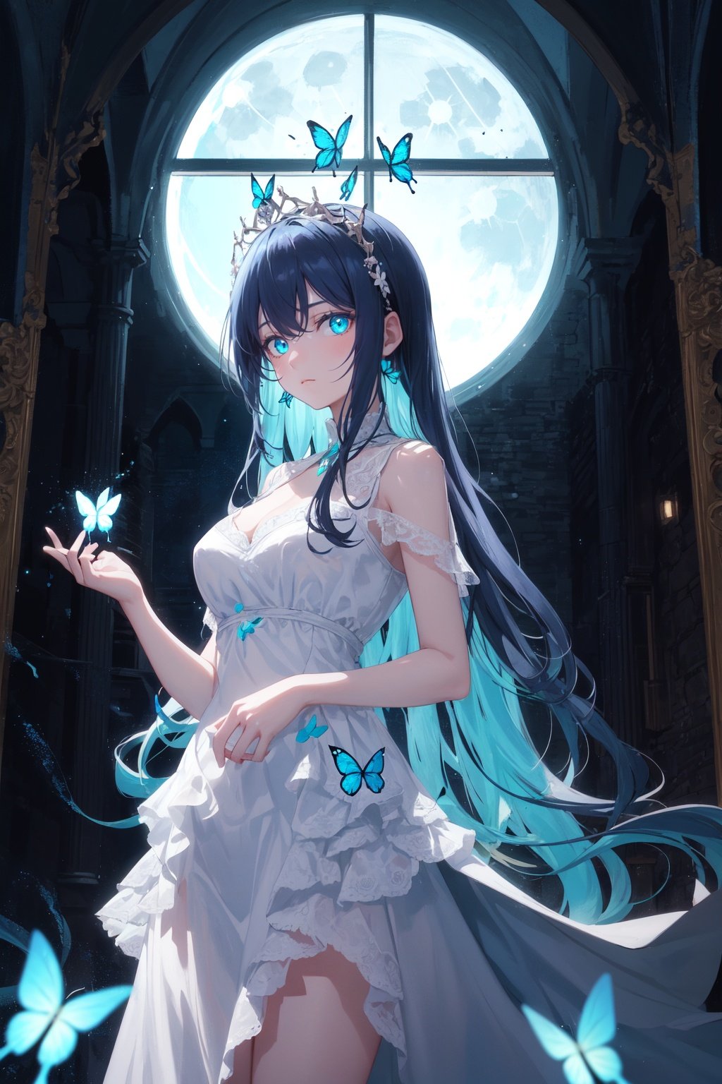 1girl,solo,masterpiece,incredibly absurdres,glowing eyes,long hair,elegant white dress, best quality,glowing blue transparent butterfly,black gradient blue hair,aqua eyes,looking at viewer, center, standing, night sky,close view, castle hall, indoors, big window, blue moon , glowing effect, diadem
