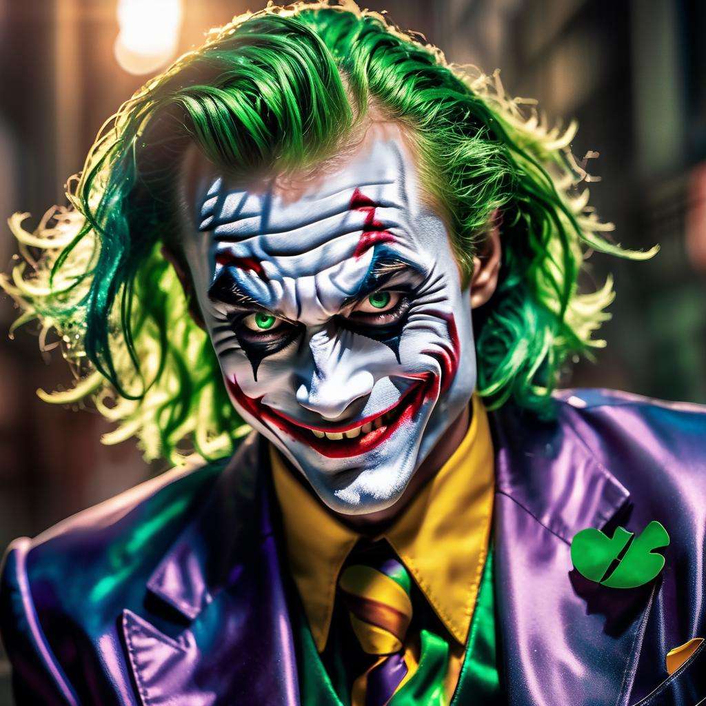 Dappled Light, photo portrait of the The Joker (DC Comics): The Joker's colorful suit, wild green hair, and maniacal grin make him an iconic and recognizable character for cosplay., colorful, realistic round eyes, dreamy magical atmosphere, superheroine costume, (skin texture) (film grain), (warm hue, warm tone:1.2), close up, cinematic light, sidelighting