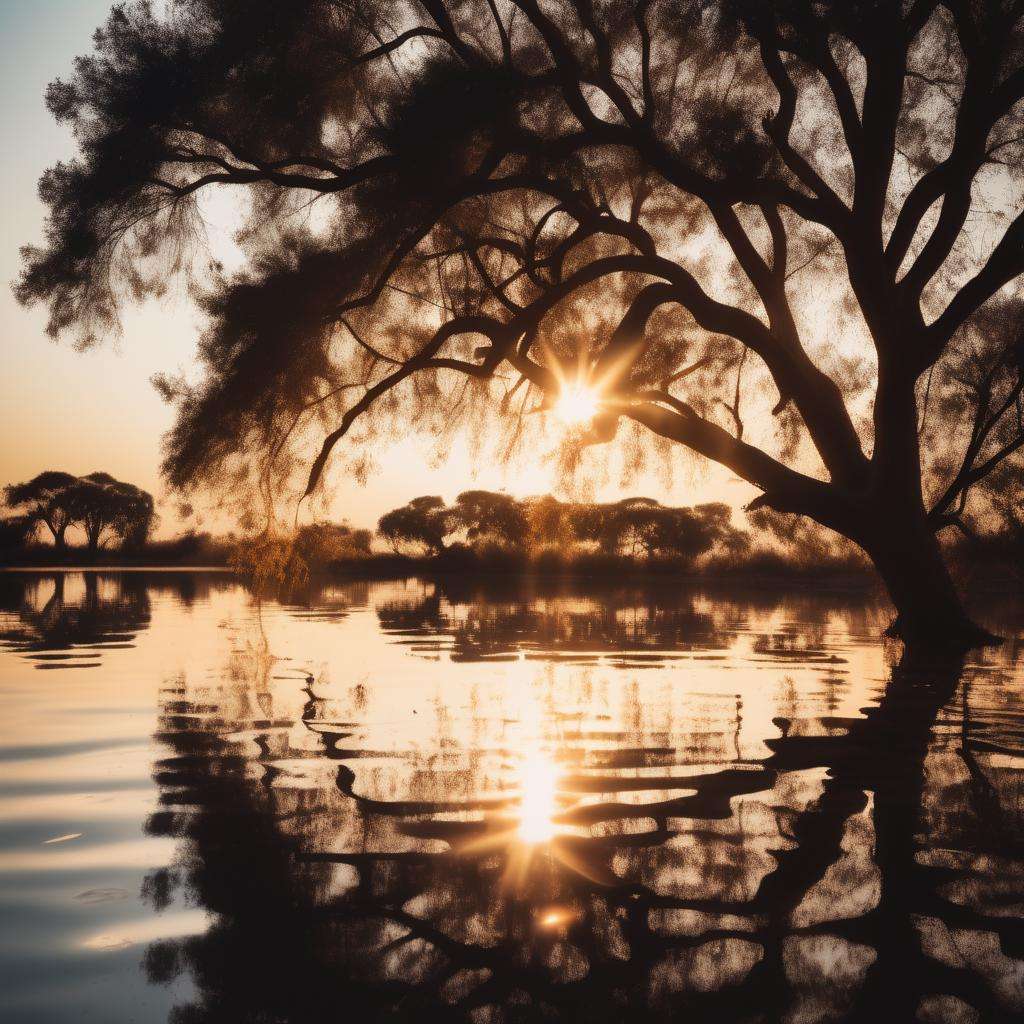Dappled Light, photo , Acacia tree is reflected in the water at sunset or dawn with the sun shining through the clouds and reflecting in the water, reflective, a picture, naturalism,  dreamy magical atmosphere, (skin texture), (film grain), (warm hue, warm tone),  cinematic light, side lighting,