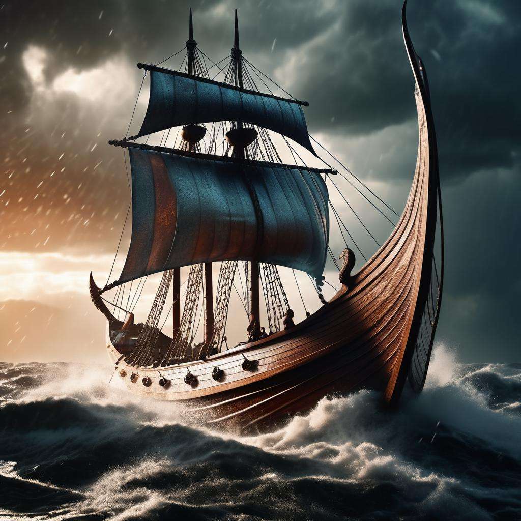 Dappled Light, photo , A 3D rendering of a Viking longship sailing through a storm, transformed into a dragon by oceanic spirits, dynamic rain and thunder effects, high contrast, 8K, ultra-detailed,  dreamy magical atmosphere, (skin texture), (film grain), (warm hue, warm tone),  cinematic light, side lighting,