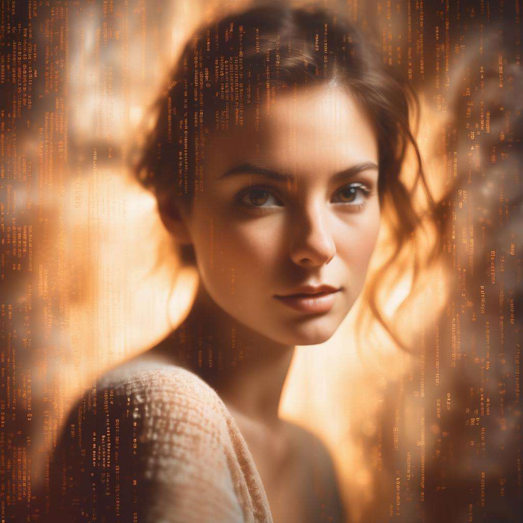 Dappled Light, photo , A canvas of code and creativity, bits and brushes unite, unveiling the AI's essence in a self-portrait beyond pixels.,  dreamy magical atmosphere, (skin texture), (film grain), (warm hue, warm tone),  cinematic light, side lighting,