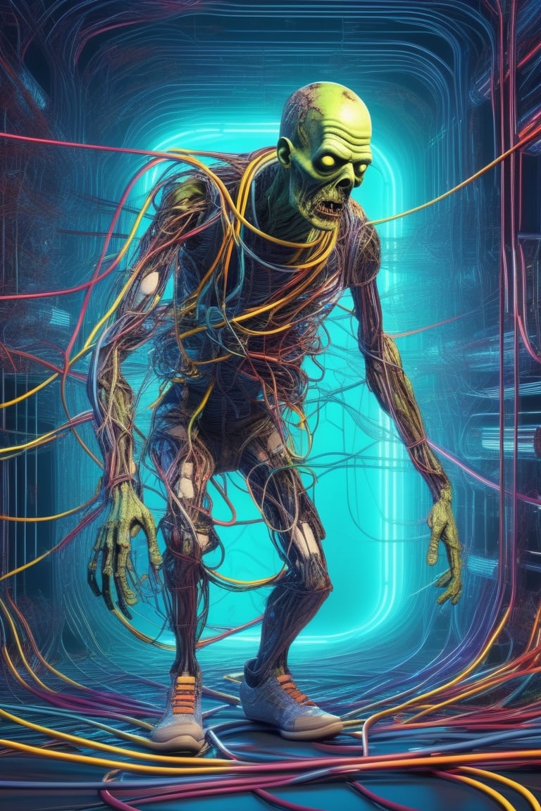 zombie man connected to cyberspace, wires, cables, tubes, complex, surreal, futuristic, three fourth perspective, high tech, line art, (flat colors), masterpiece, high quality, 8k, best quality,