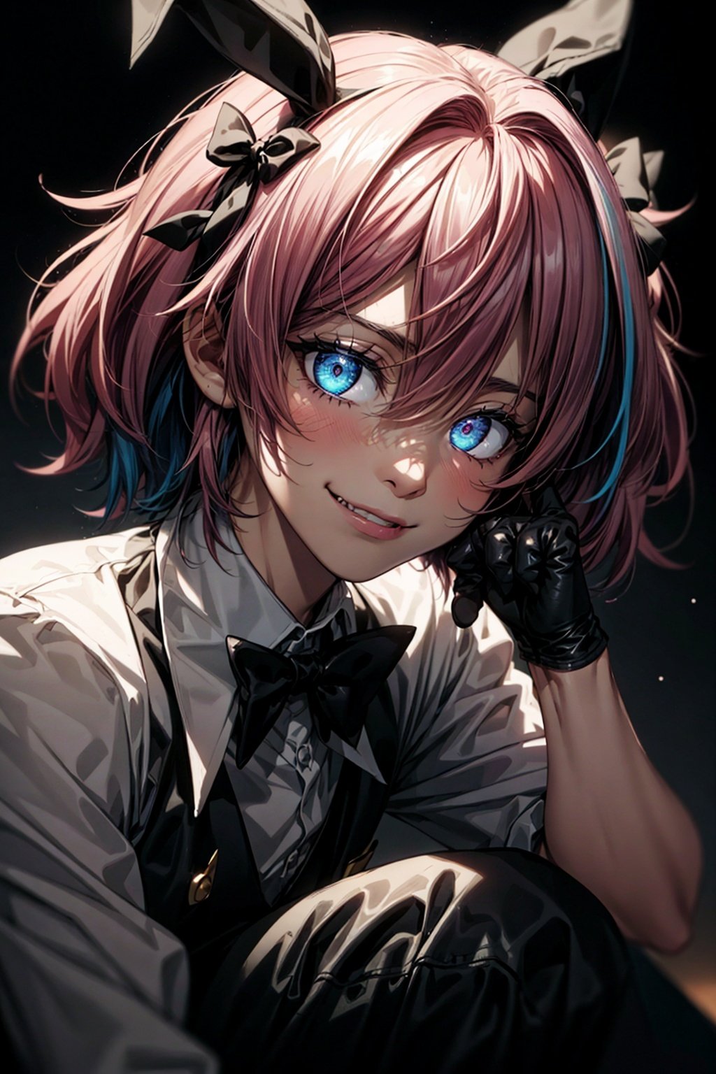1boy, ASTOLFOST2, black bow, black bowtie, black gloves, black ribbon, bow, bowtie, fang, gloves, hair intakes, looking at viewer, low twintails, male focus, multicolored hair, otoko no ko, pink hair, ribbon, sitting, skin fang, smile, streaked hair, twintails, wing collar , soft cinematic light, adobe lightroom, photolab, hdr, intricate, highly detailed, (depth of field:1.4), faded, (neutral colors:1.2), (hdr:1.4), (muted colors:1.2), hyperdetailed, cinematic, warm lights, dramatic light, (intricate details:1.1), complex background, (teal and orange:0.4), (neon lights:1.15), (dark aesthetic:1.3), (cool tones:1.2), (cinematic:1.2), (edgy:1.25), (rebellious:1.15), (depth of field:1.3), (blurred background:1.25), (bokeh:1.05), (dramatic lighting:1.2), (shallow depth of field:1.25), (glowing lights:1.2), (lens flare:1.15), (head tilted:1.1), (looking at viewer:1.25), (emotional:0.9), (lonely:1.1), (face focus:1.29), detailed background, ,Detailedface, Detailedeyes,perfecteyes, gigachad, 
